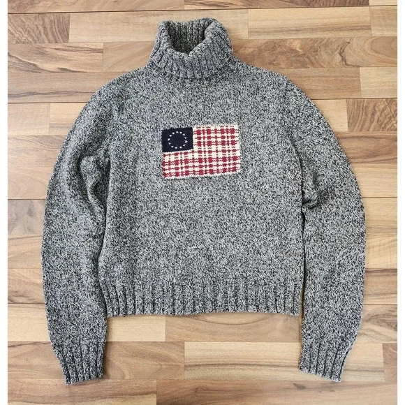 Ralph Lauren Sport Flag Sweater Knit Turtleneck Pullover Americana Gray Large - Picture 5 of 9
